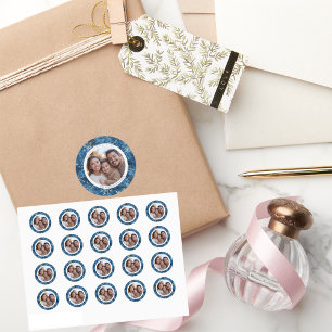 Blauw en Wit Sneeuwvlokken Kerstmis Foto Ronde Sticker