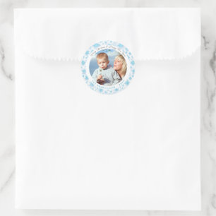 Blauw en Wit Sneeuwvlokken Kerstmis Foto Ronde Sticker