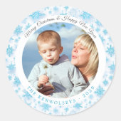  Blauw en Wit Sneeuwvlokken Kerstmis Foto Ronde Sticker (Voorkant)