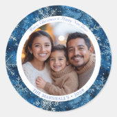  Blauw en Wit Sneeuwvlokken Kerstmis Foto Ronde Sticker (Voorkant)