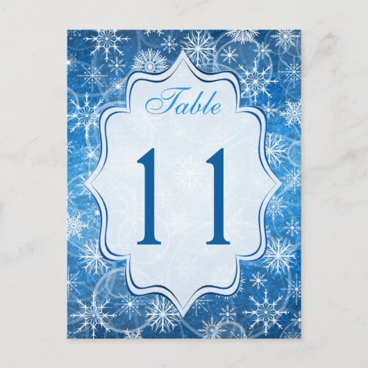 Blauw en Wit Sneeuwvlokken Tafelnummer Kaart (Voorkant)