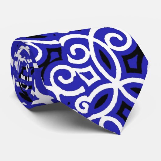 Blauw en wit Spaans Tegel Patroon Stropdas (Opgerold)