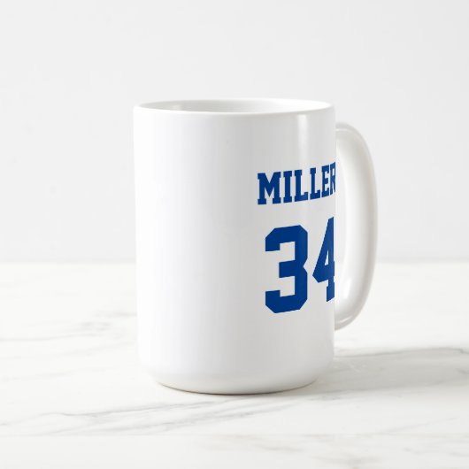 Blauw en wit Sport Jersey Naam Nummer Custom Koffiemok (Voorkant rechts)