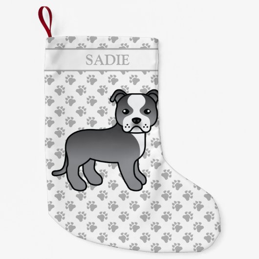 Blauw en wit Staffie Cute Cartoon Dog & Name Kleine Kerstsok (Voorkant)