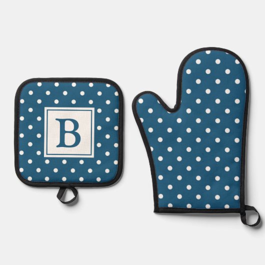 Blauw en Wit Stippen Monogram Ovenwant & Pannenlap Set (Voorkant)