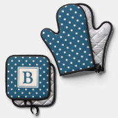 Blauw en Wit Stippen Monogram Ovenwant & Pannenlap Set (Voorkant / Achterkant)