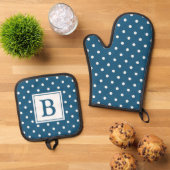 Blauw en Wit Stippen Monogram Ovenwant & Pannenlap Set (Top down)