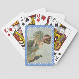 Blauw en Wit Stippen Vintage Dame en Papegaai Pokerkaarten