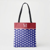 Blauw en wit stippenpatroon met rode monogram tote bag (Voorkant)