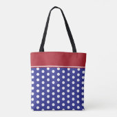 Blauw en wit stippenpatroon met rode monogram tote bag (Achterkant)