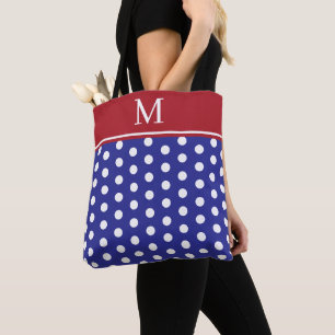 Blauw en wit stippenpatroon met rode monogram tote bag