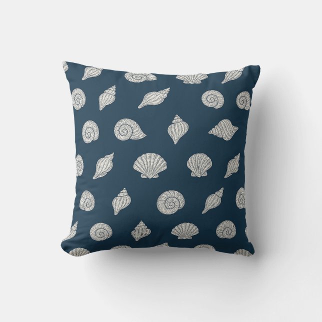 Blauw en Wit Strand Kustschelpen Kussen (Voorkant)