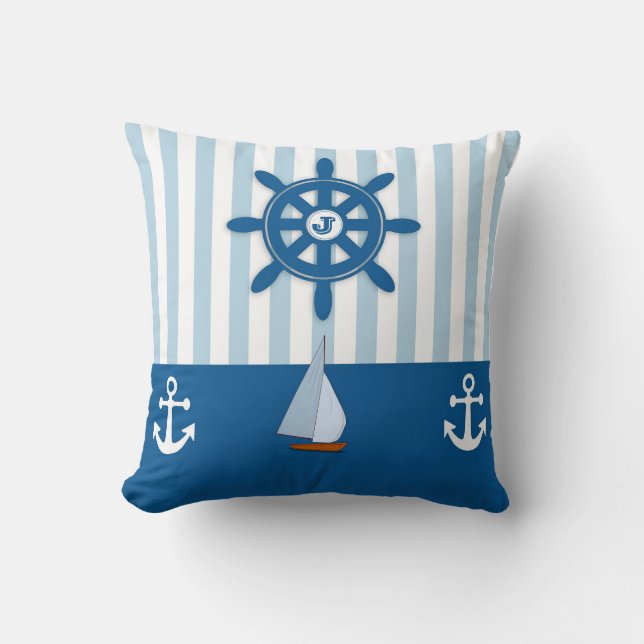 Blauw en wit strand Nautisch Monogram Kussen (Voorkant)