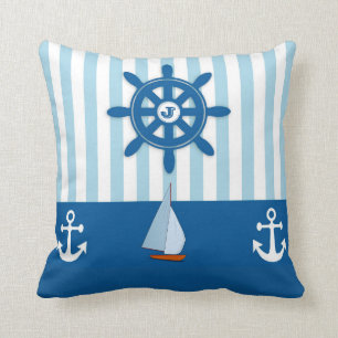 Blauw en wit strand Nautisch Monogram Kussen