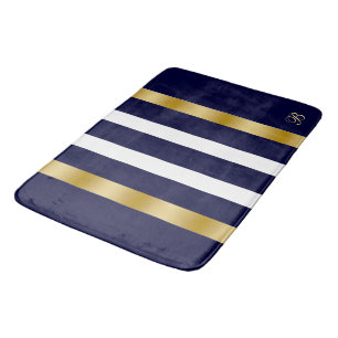 Blauw en wit strepenpatroon gouden accenten badmat