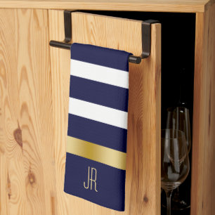 Blauw en wit strepenpatroon gouden accenten theedoek