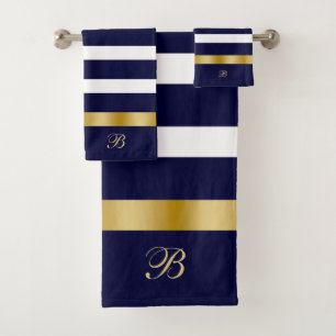 Blauw en wit strepenpatroon met gouden accenten bad handdoek