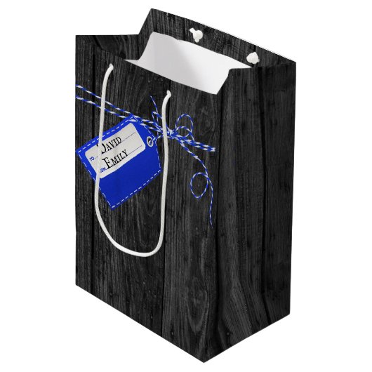 Blauw en wit String Bow On Wood Medium Cadeauzakje (Voorkant Gekanteld)