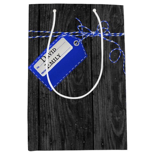 Blauw en wit String Bow On Wood Medium Cadeauzakje (Voorkant)