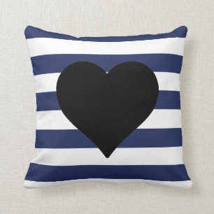 Blauw en wit Striped Black Heart Sierkussen