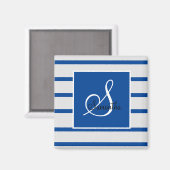 Blauw en wit Striped Monogram Magnet (Voorkant / Achterkant)