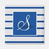 Blauw en wit Striped Monogram Magnet (Voorkant)