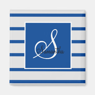 Blauw en wit Striped Monogram Magnet
