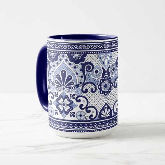 Blauw en wit Talavera Mexican Folk Art Mok (Voorkant links)