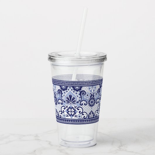 Blauw en wit Talavera Mexican Folk Art Mok Pape Acryl Drinkbeker (Achterkant)