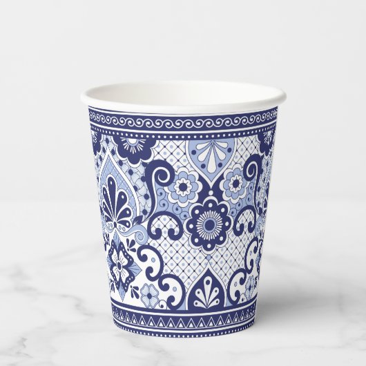 Blauw en wit Talavera Mexican Folk Art Mok Papieren Bekers (Achterkant)