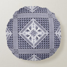  blauw en wit Tatreez-patroon Rond Kussen