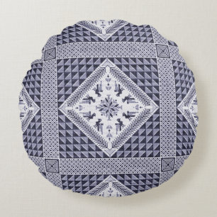  blauw en wit Tatreez-patroon Rond Kussen
