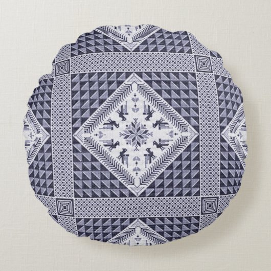  blauw en wit Tatreez-patroon Rond Kussen (Voorkant)