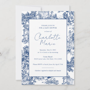 Blauw en wit Toile Baby shower Uitnodiging