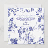 Blauw en wit Toile de Jouy Bruidsdouche Bedankkaart (Achterkant)