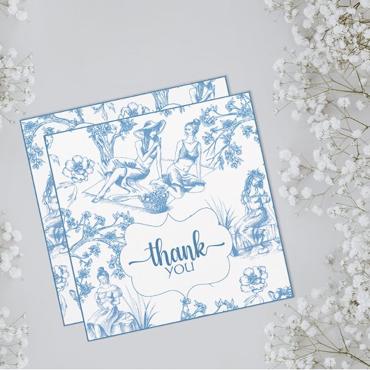 Blauw en wit toile de Jouy bruidsdouche Bedankkaart