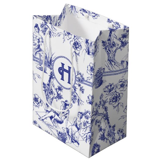 Blauw en wit Toile de Jouy Bruidsdouche Medium Cadeauzakje (Voorkant Gekanteld)
