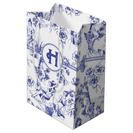 Blauw en wit Toile de Jouy Bruidsdouche Medium Cadeauzakje (Achterkant Gekanteld)