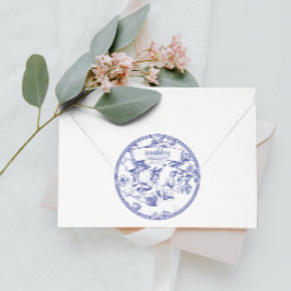 Blauw en wit Toile de Jouy bruidsdouche Ronde Sticker