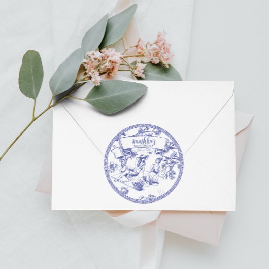 Blauw en wit Toile de Jouy bruidsdouche Ronde Sticker