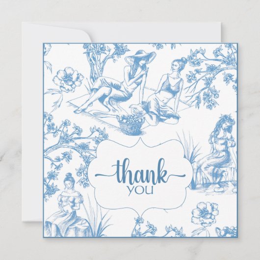 Blauw en wit Toile de Jouy Bruiloftsfeest Bedankkaart (Voorkant)