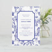 Blauw en wit Toile de Jouy uitnodiging (Staand voorkant)