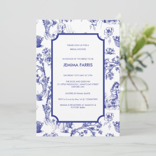 Blauw en wit Toile de Jouy uitnodiging (Staand voorkant)