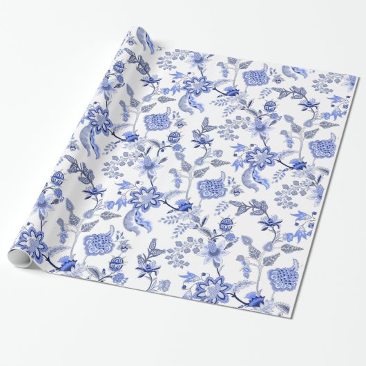 Blauw en wit traditioneel Chintz-patroon Cadeaupapier (Uitgerold)