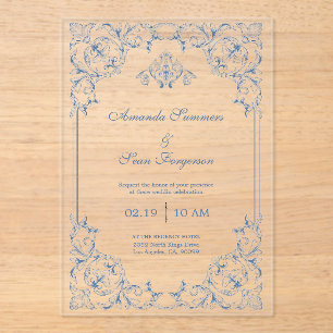 Blauw en wit traditioneel decoratief frame acryl uitnodigingen