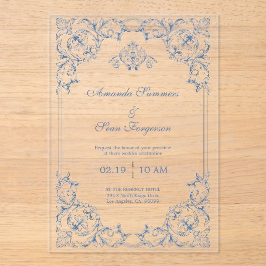 Blauw en wit traditioneel decoratief frame acryl uitnodigingen (Voorkant)