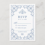 Blauw en wit traditioneel sierrandframe RSVP kaartje (Voorkant)