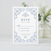 Blauw en wit traditioneel sierrandframe RSVP kaartje (Staand voorkant)