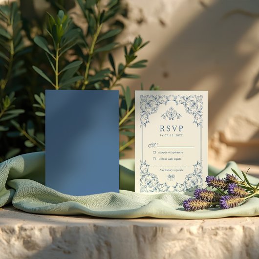 Blauw en wit traditioneel sierrandframe RSVP kaartje