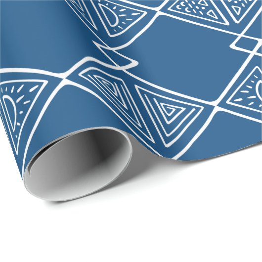 Blauw en Wit Tribal Mudcloth Geïnspireerd Geometri Cadeaupapier (Rol Hoek)